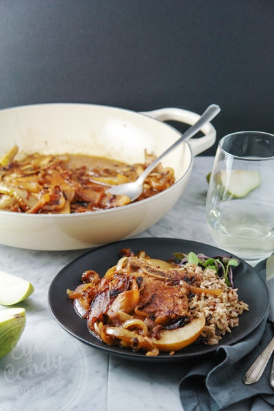 Easy weeknight caramelized onion, pears and organic pork chops