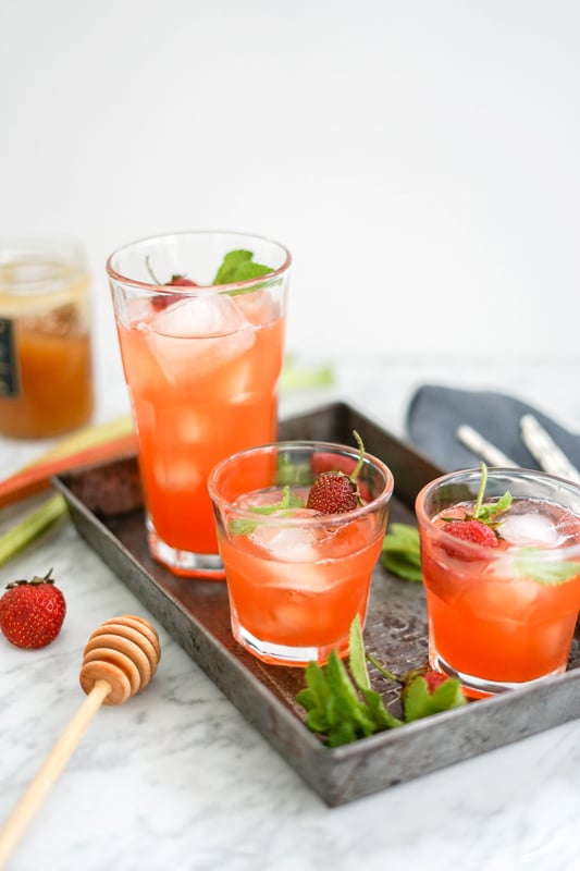 Strawberry Rhubarb Lemonade in 3 glasses