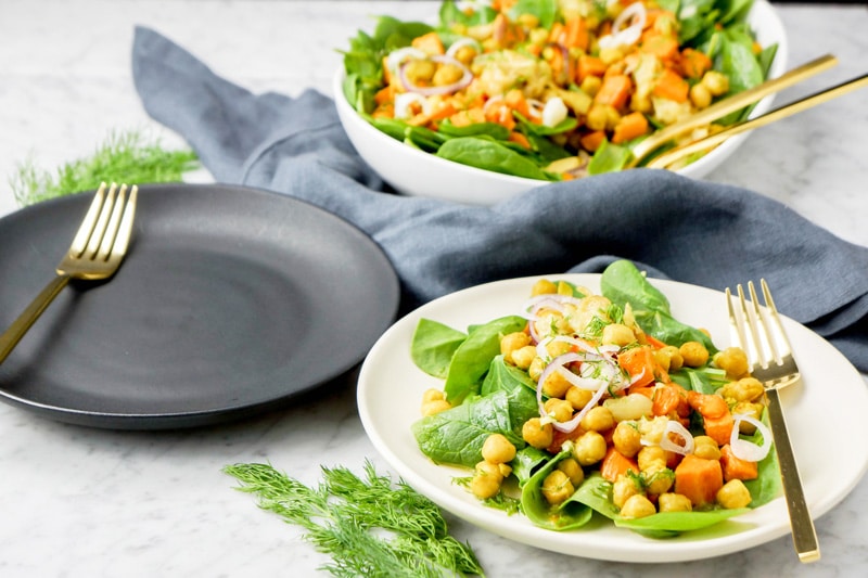 Roasted sweet potato, garlic and chickpea salad with orange dill dressing