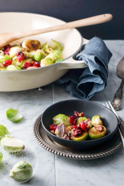 5 min side dish: Brussel sprouts, cranberries, garlic and almonds