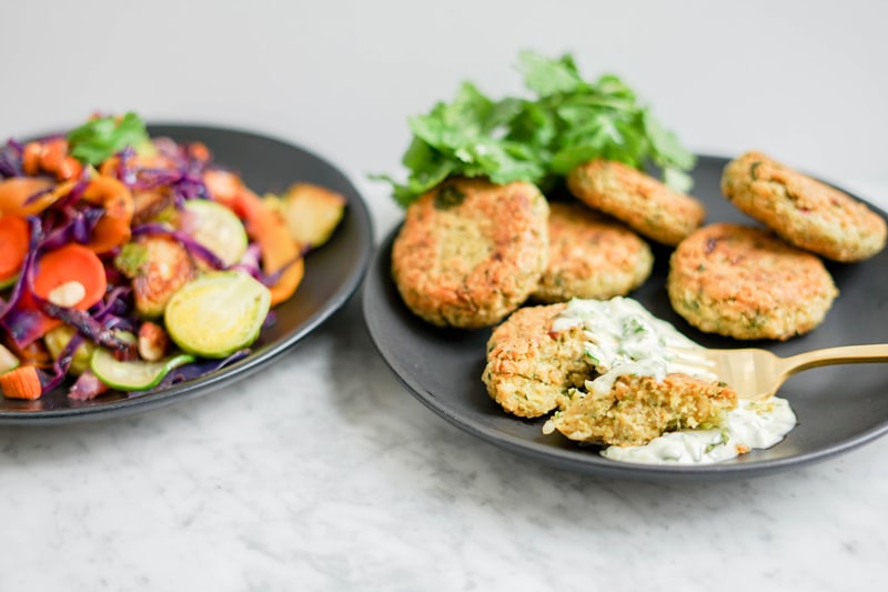Healthy Chickpea Fritters with Warm Vegetable Salad | Vegan, Gluten-Free