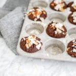 Horizontal front view of chocolate muffins in tin