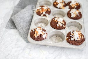 Horizontal front view of chocolate muffins in tin