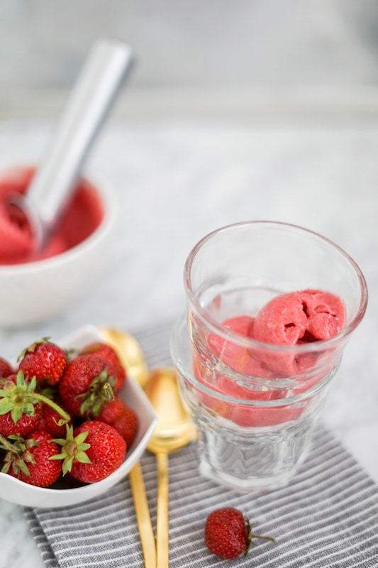 close-up view of strawberry sorbet in a glass