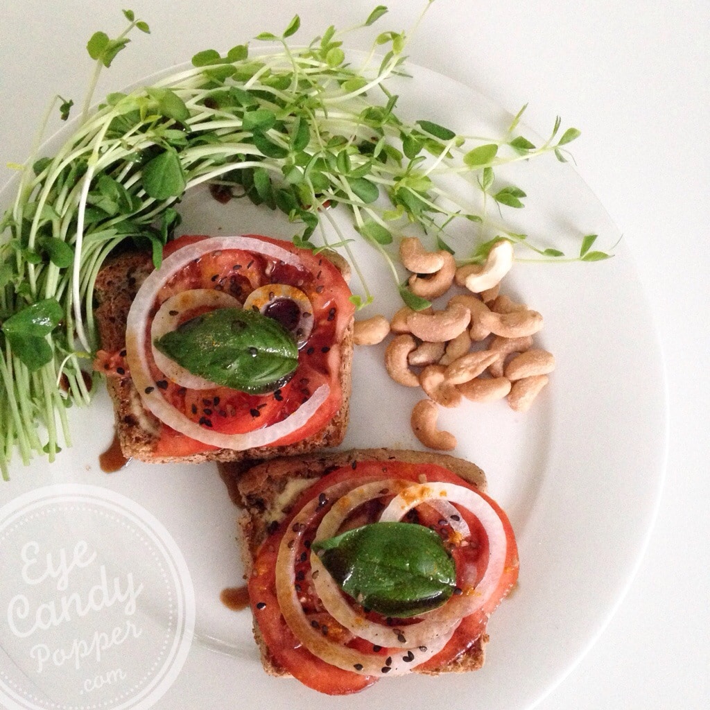 Tomato, onion, and basil tartine (vegan) | eyecandypopper.com -2