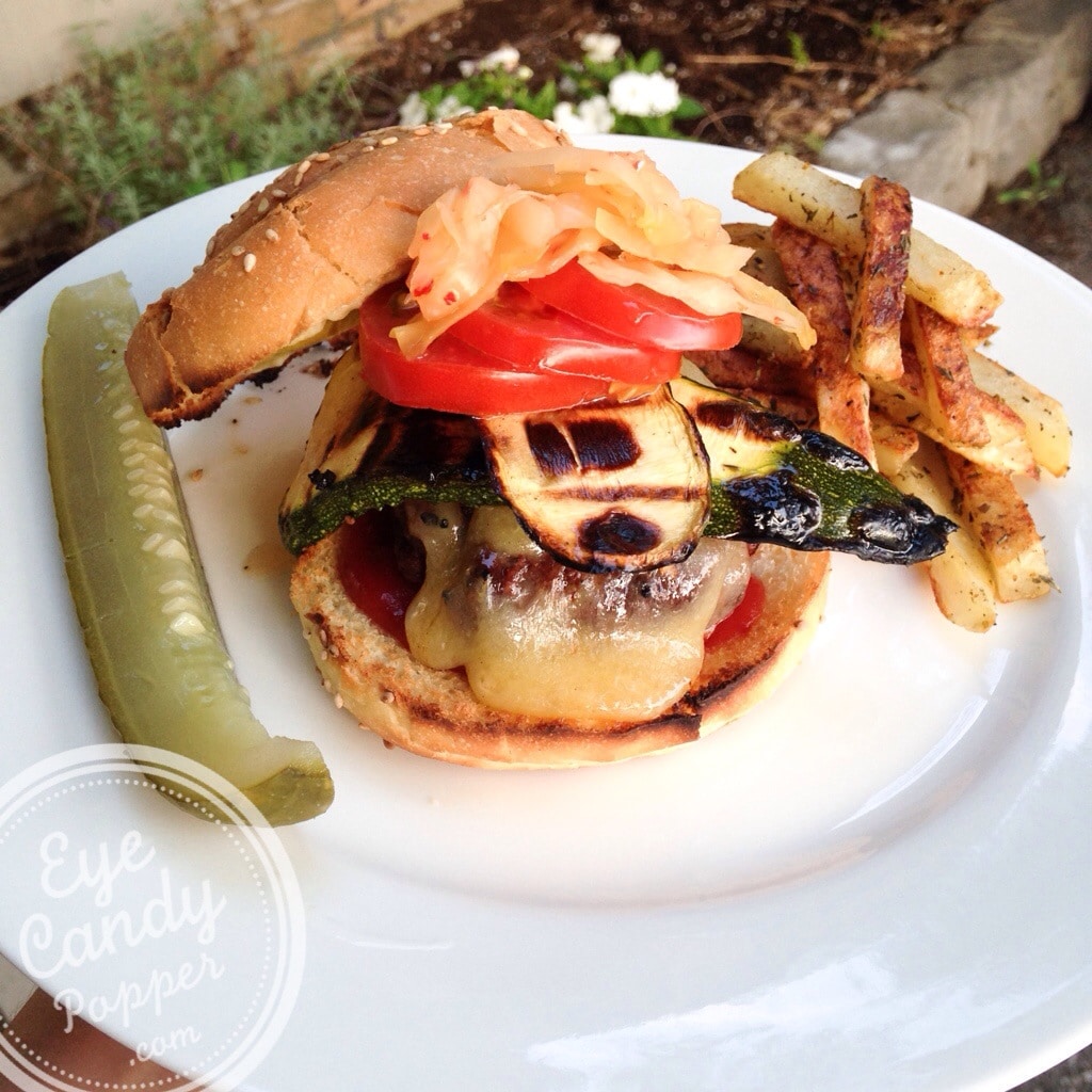 Classic summer grass-fed burger with zucchini and sauerkraut + fries
