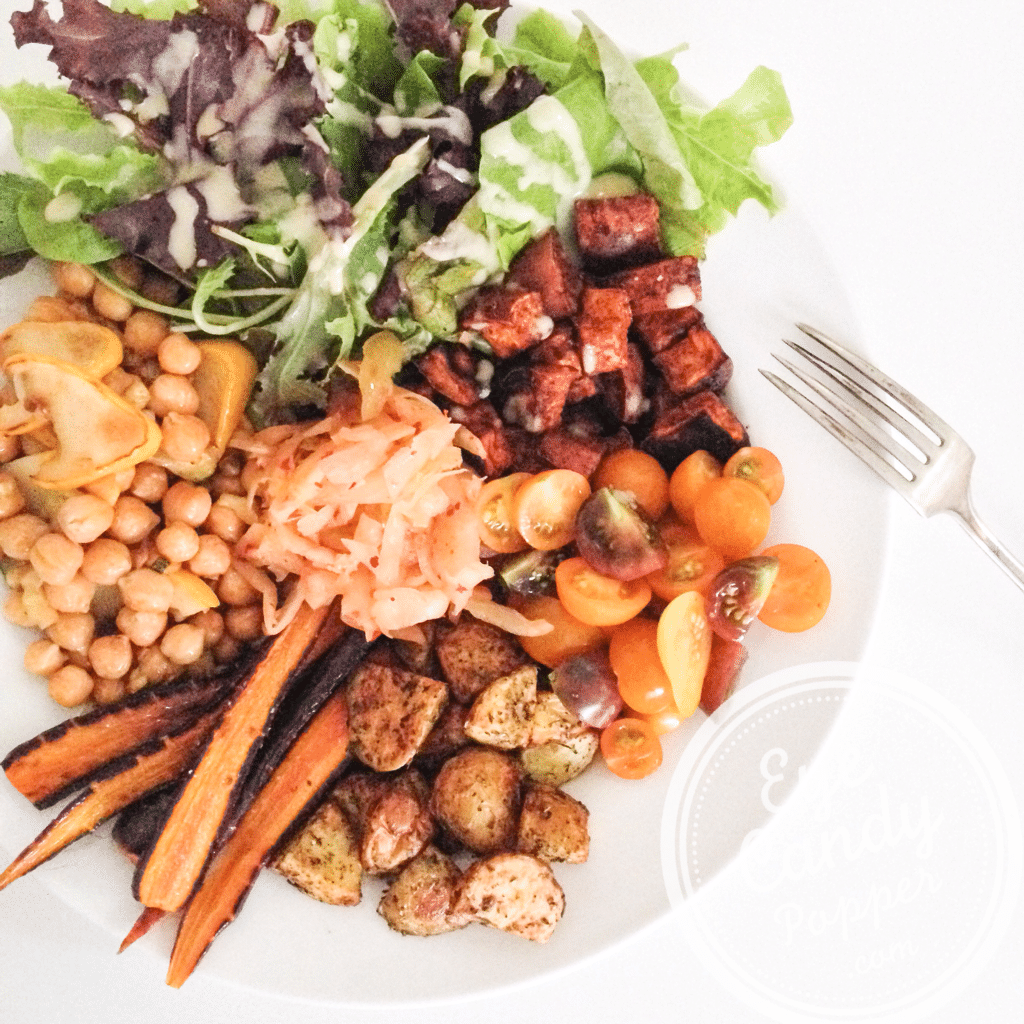 Salad bowl with roasted veggies and tahini dressing (vegan, gluten-free, paleo)