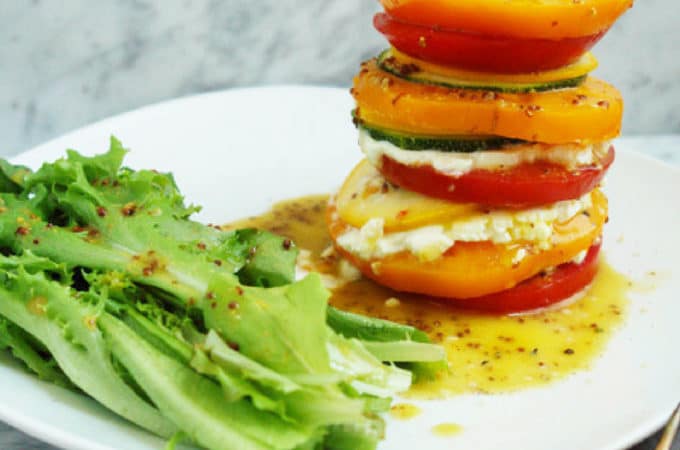 Heirloom tomato, zucchini and goat cheese stack