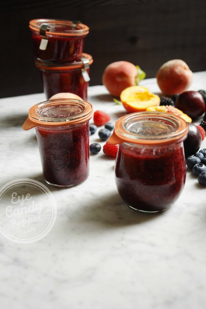 Weekend project: Easy summer jam with stone fruits, berries and chia seeds (vegan, pectin-free, no cane sugar)