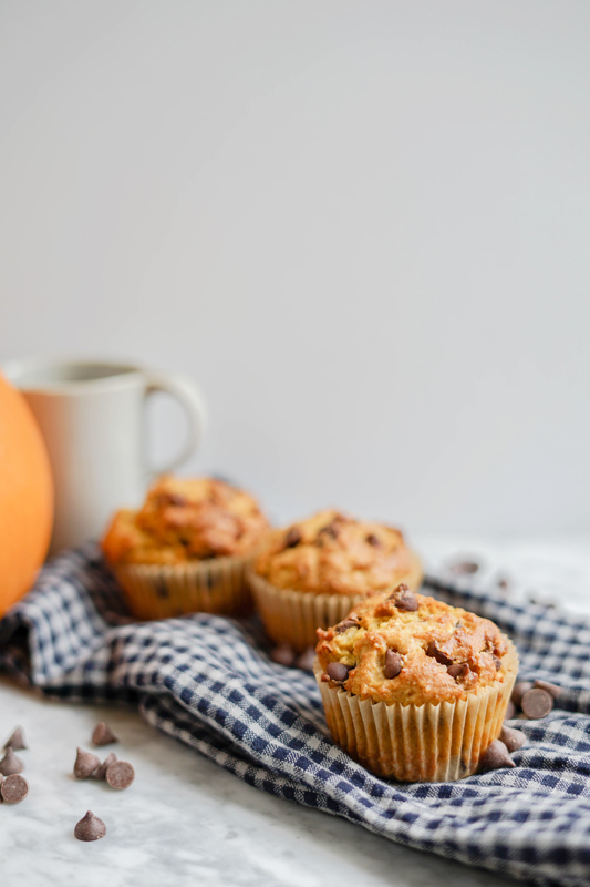 front view close-up pumpkin chocolate chip muffins