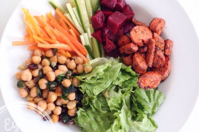 Nourishing bowl: Herbed-roasted carrots, spinach sautéed chickpeas and pickled beets salad (vegan, gluten-free, paleo)