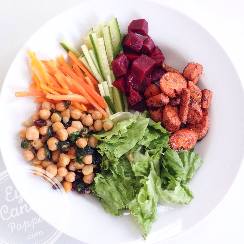 Meatless Monday: Nourishing bowl: Herbed-roasted carrots, spinach sautéed chickpeas and pickled beets salad