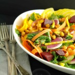 Fall veggie salad with chickpea crouton and lemon-mustard dressing