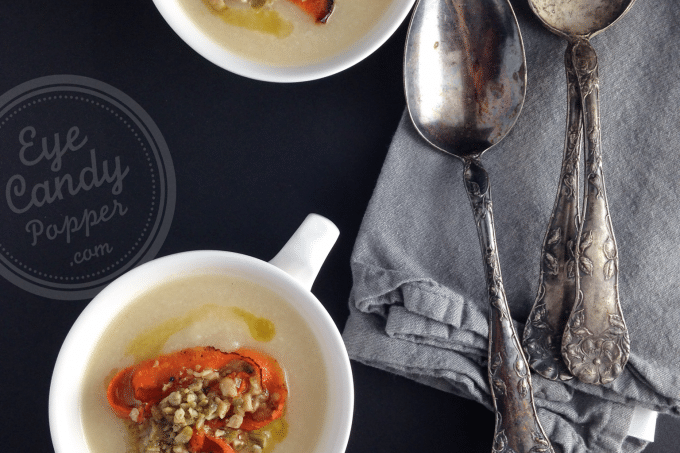 20 min cauliflower soup with carrot chips + seed crumble